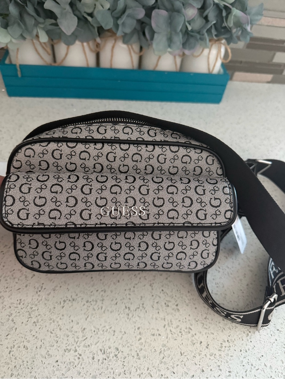 Guess Logo-Print Crossbody Bag in White and Black - Picture 6 of 6